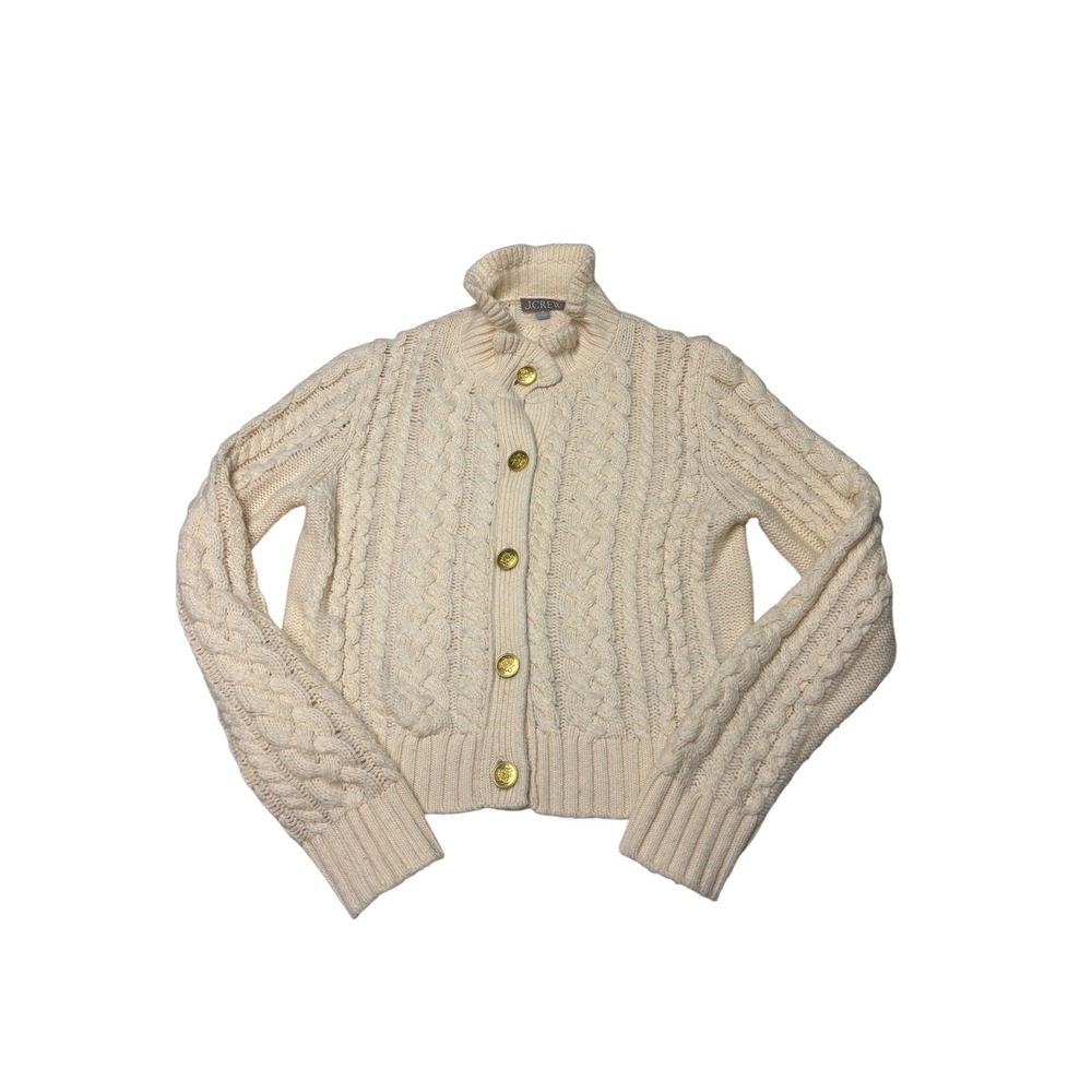 J.Crew Cable-knit Ruffleneck Cardigan Sweater Gold Crest Buttons Womens‎ M